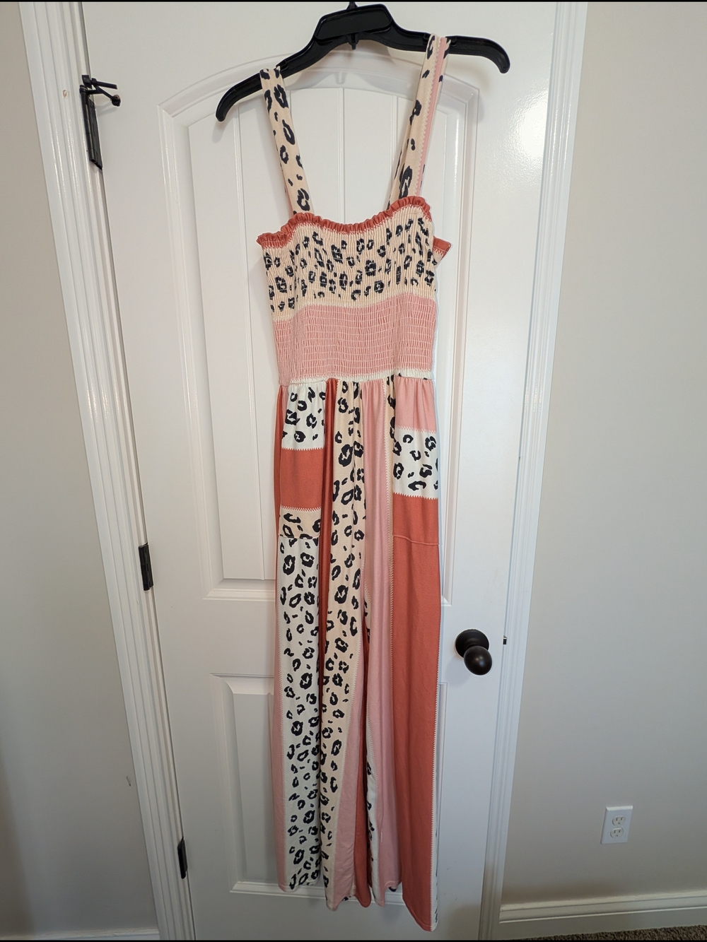 Womens Pink Leopard-Print Smocked Jumpsuit With Pockets